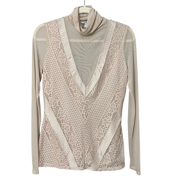 Guess Lace Turtleneck Sheer Long Sleeve Top Blush Pink Medium Feminine Chic - Picture 1 of 6